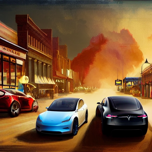 Fantasy concept art combining an old city street with modern electrical cars.